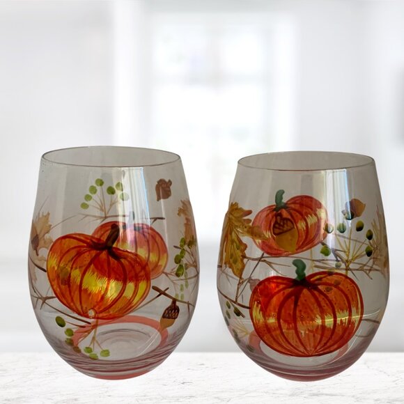 Orange Pumpkins with Leaves Stemless Wine Glasses | Harvest | Fall Thanksgiving - Picture 6 of 6